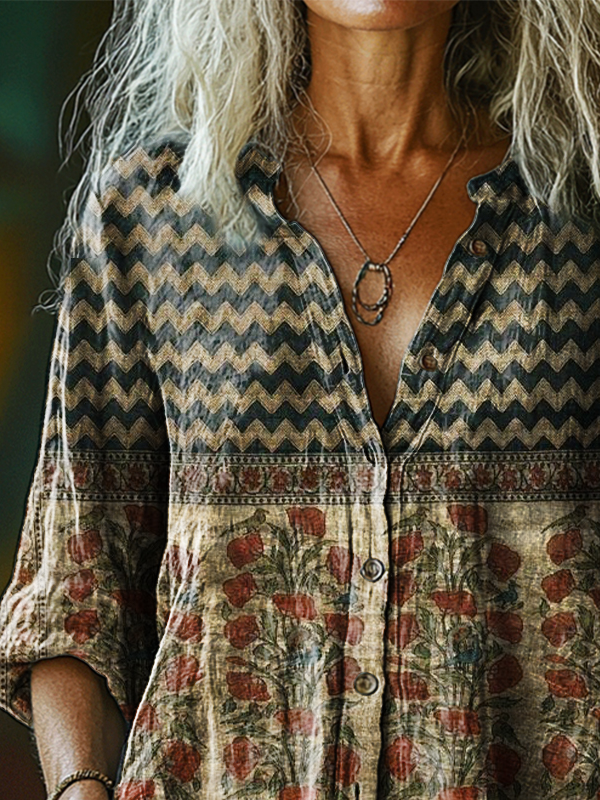 Vintage Stand Collar Multicolor Block Loose Shirt