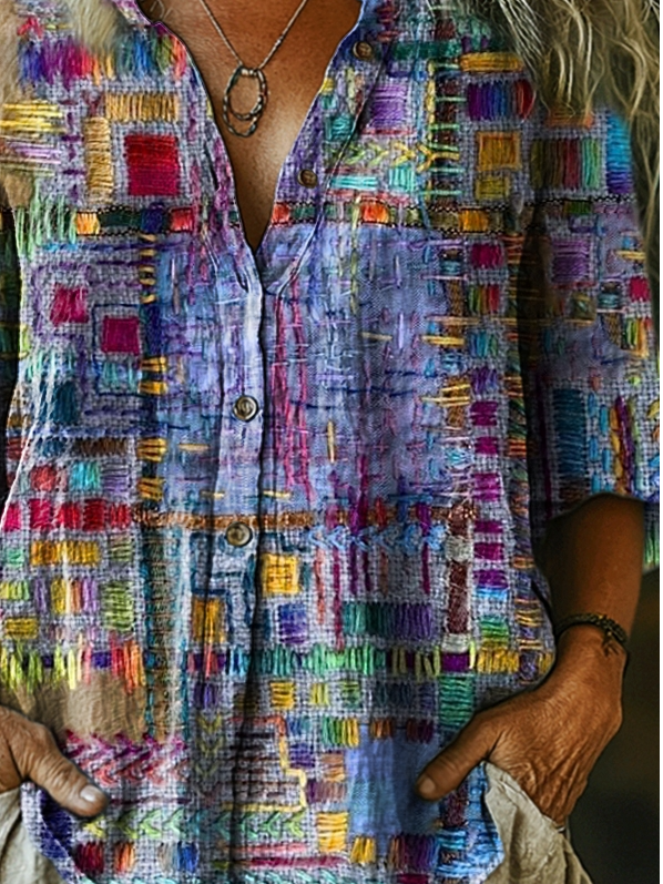 Women's Vintage Floral Collage Art Pattern Print Casual Cotton And Linen Shirt
