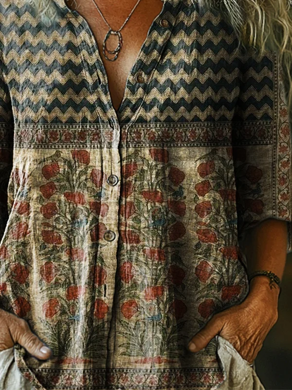 Vintage Stand Collar Multicolor Block Loose Shirt