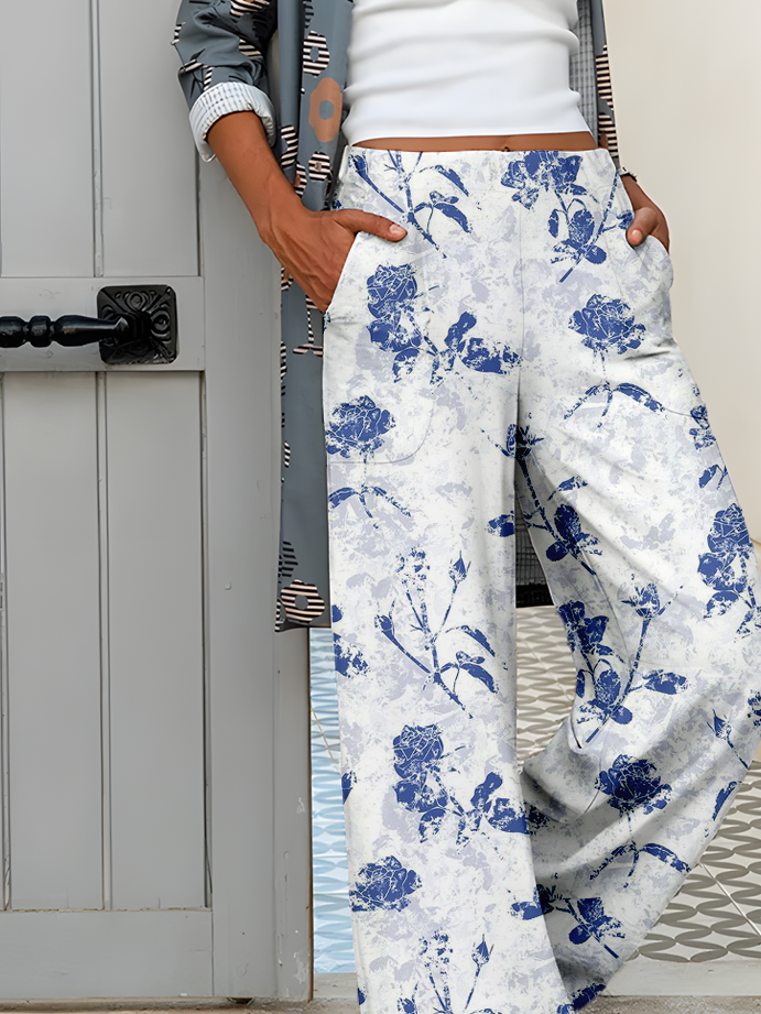Women's Casual Loose Pocket Print Trousers