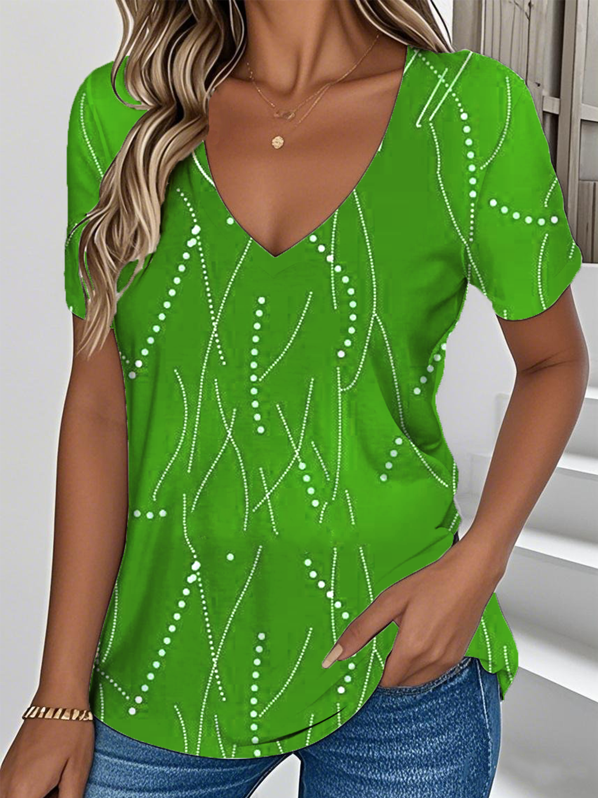 Print Casual V Neck Short Sleeve T-Shirt