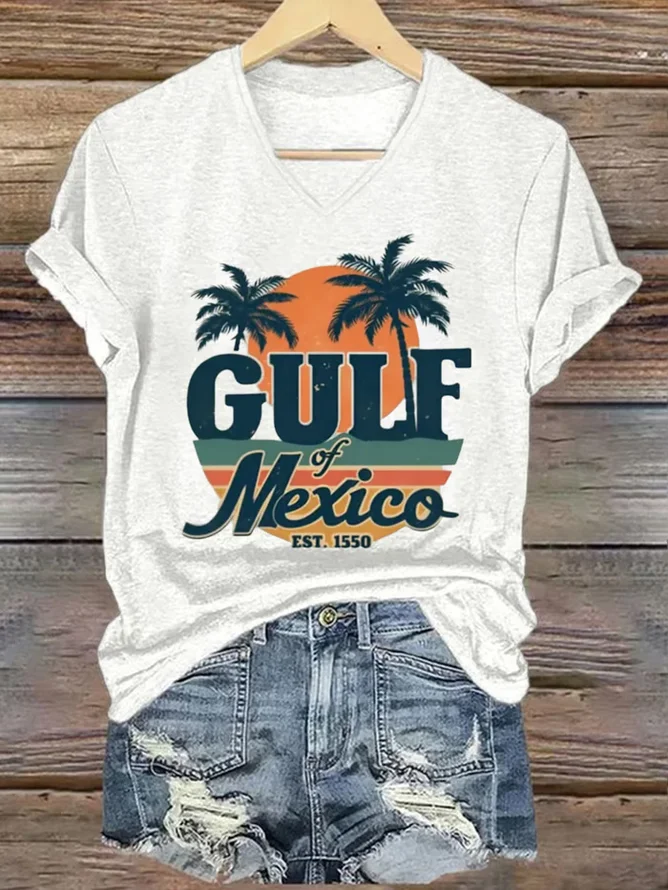 Women's Gulf Of Mexico Print V Neck T-Shirt