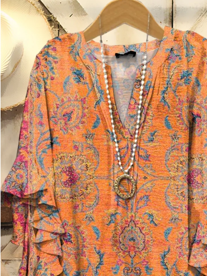 Women's Half Sleeve Shirt Summer Orange Floral Printing V Neck Daily Going Out Casual Top