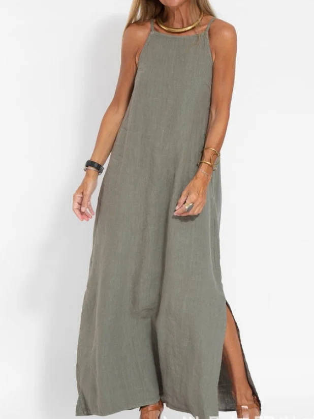 Women's Sleeveless Summer White Plain Split Joint Crew Neck Daily Going Out Vintage Maxi A-Line Tank Dress
