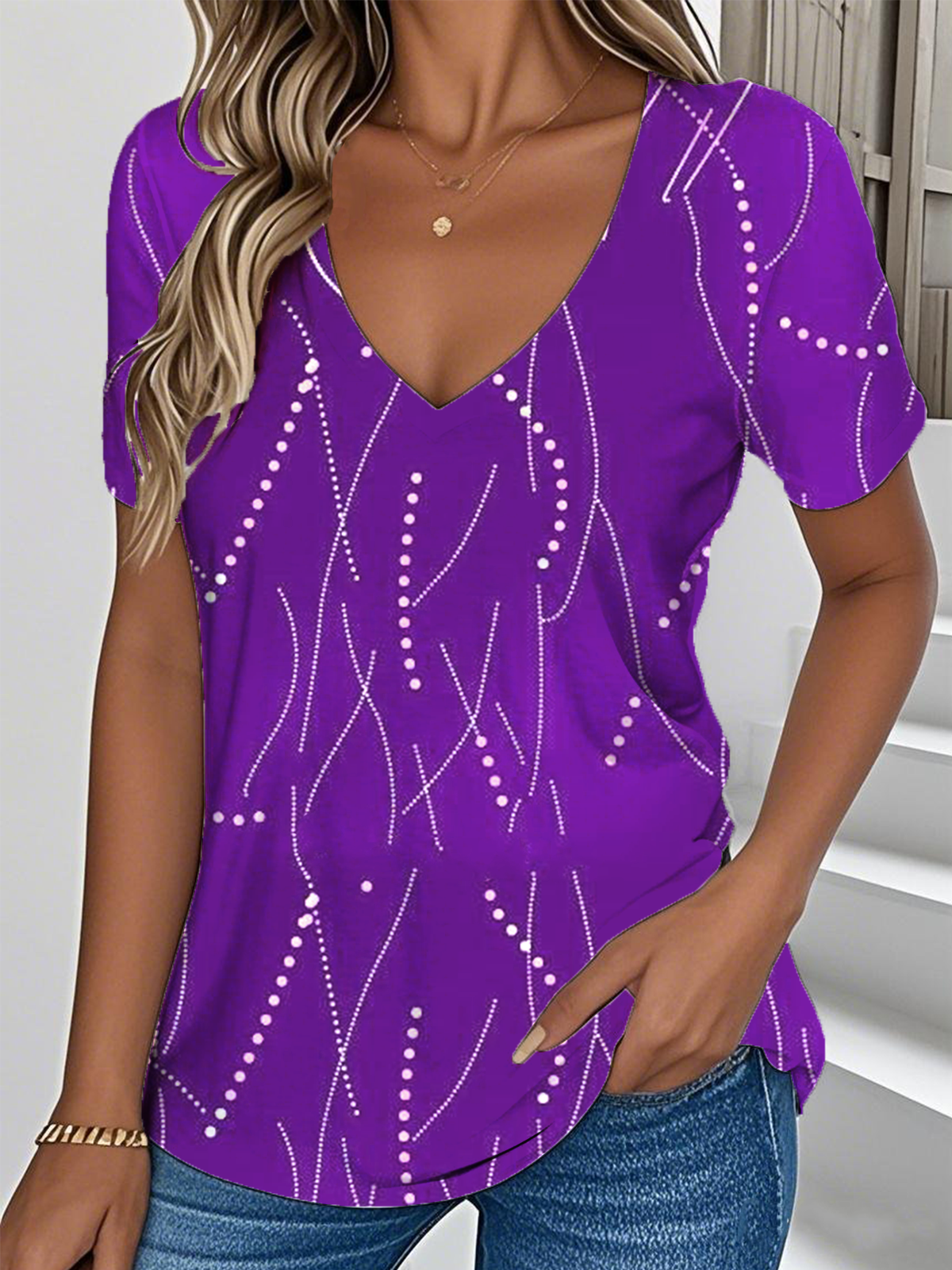 Print Casual V Neck Short Sleeve T-Shirt