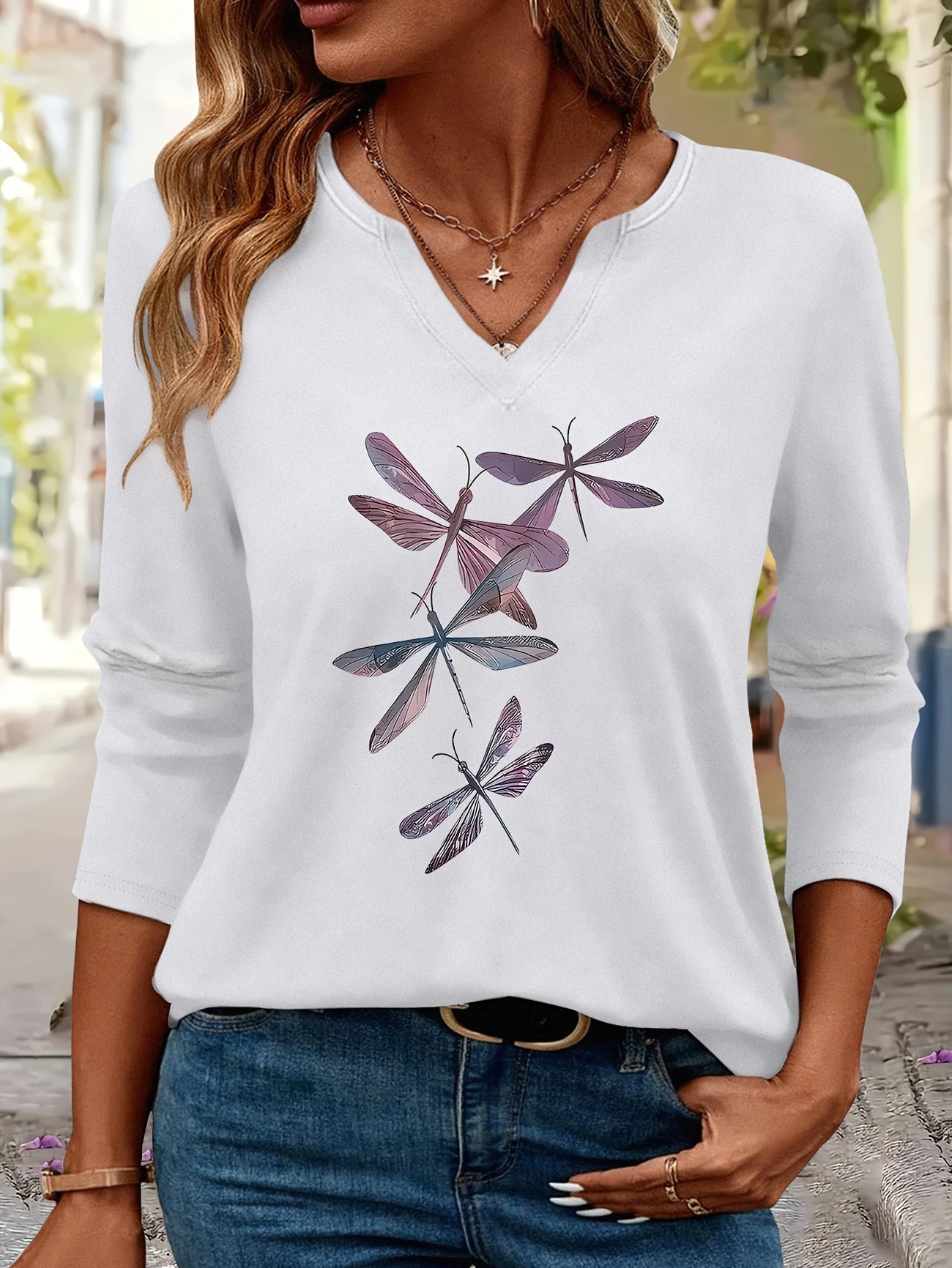 Print Casual V Neck Long Sleeve T-Shirt