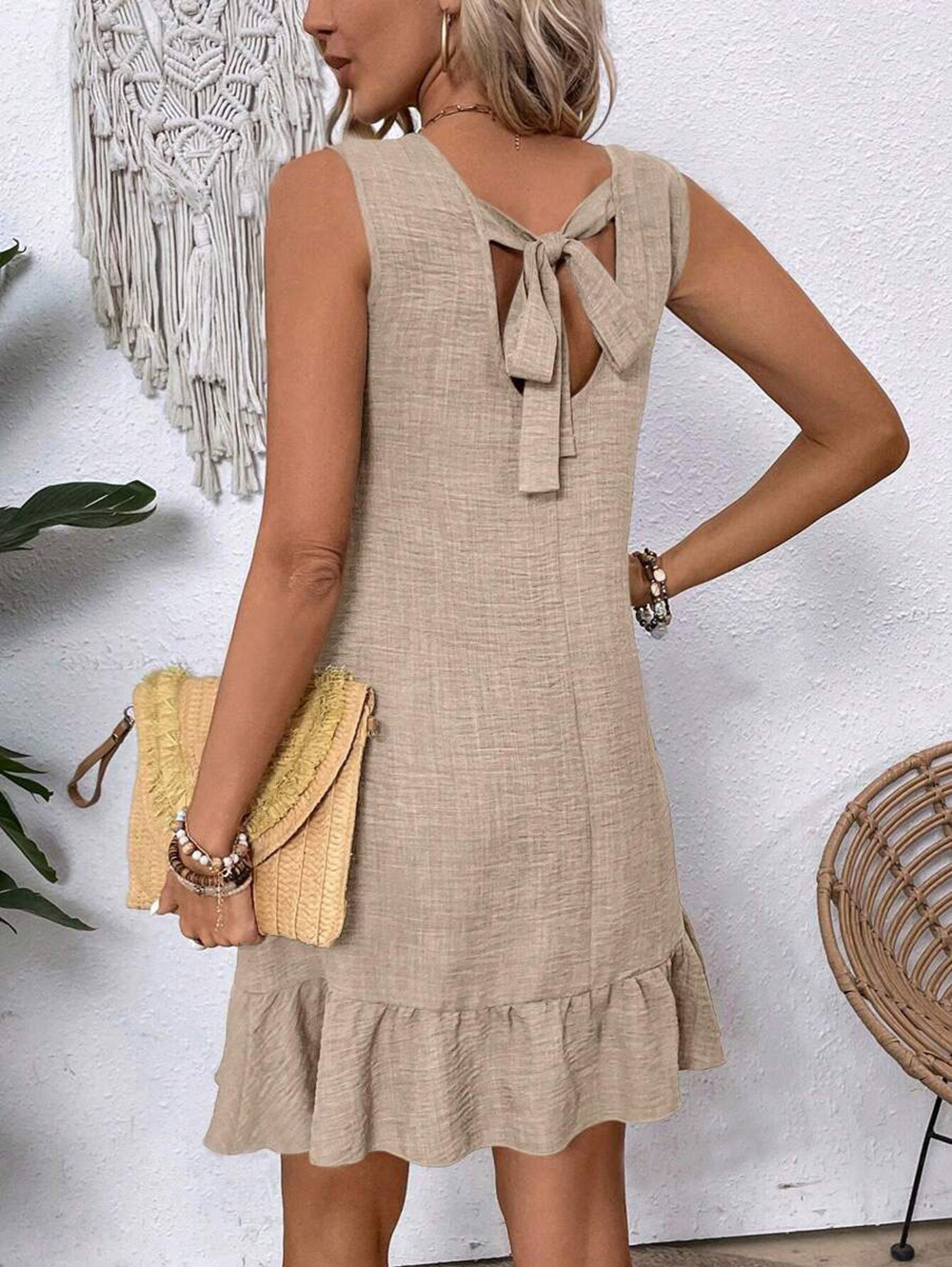 Cotton Plain Simple Crew Neck Dress With No