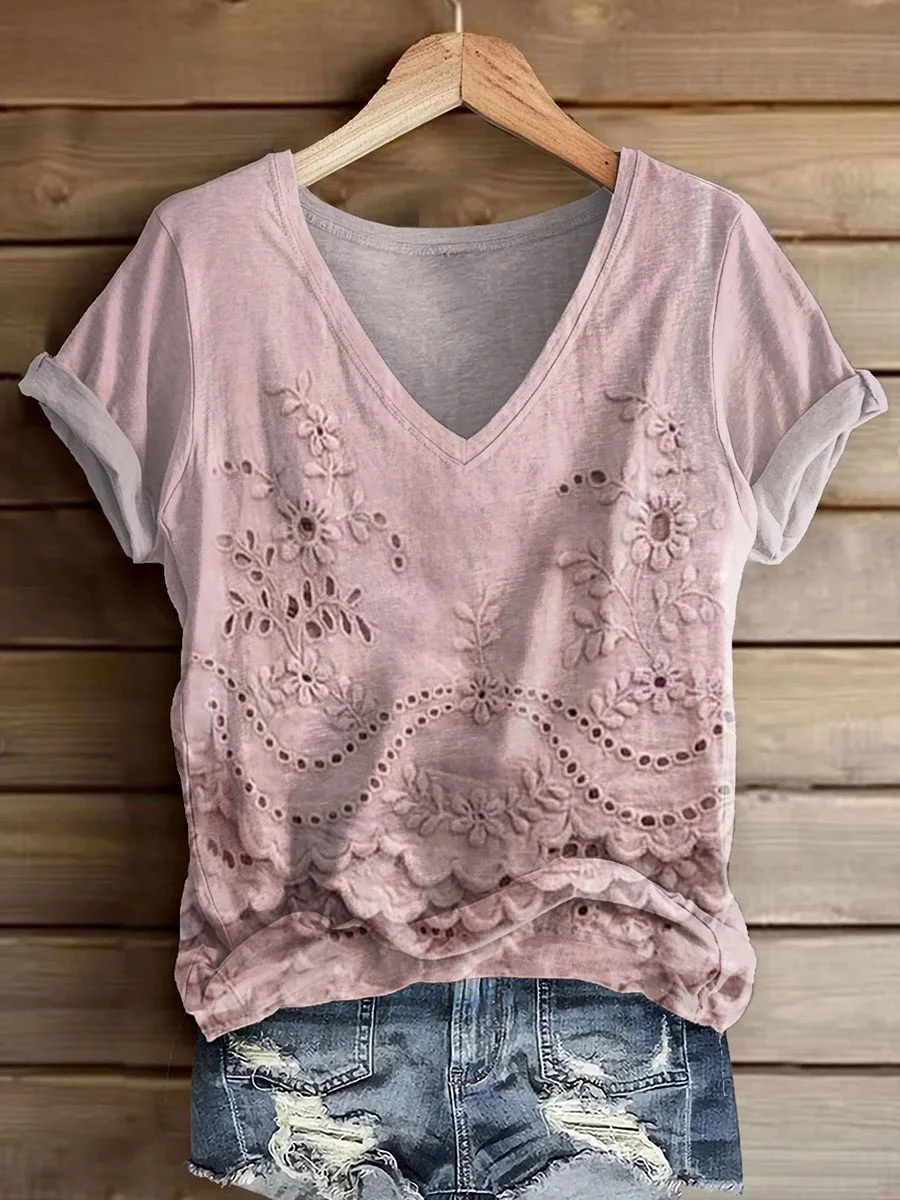Women's Short Sleeve T-shirt Summer Pink Floral Printing V Neck Daily Going Out Casual Top