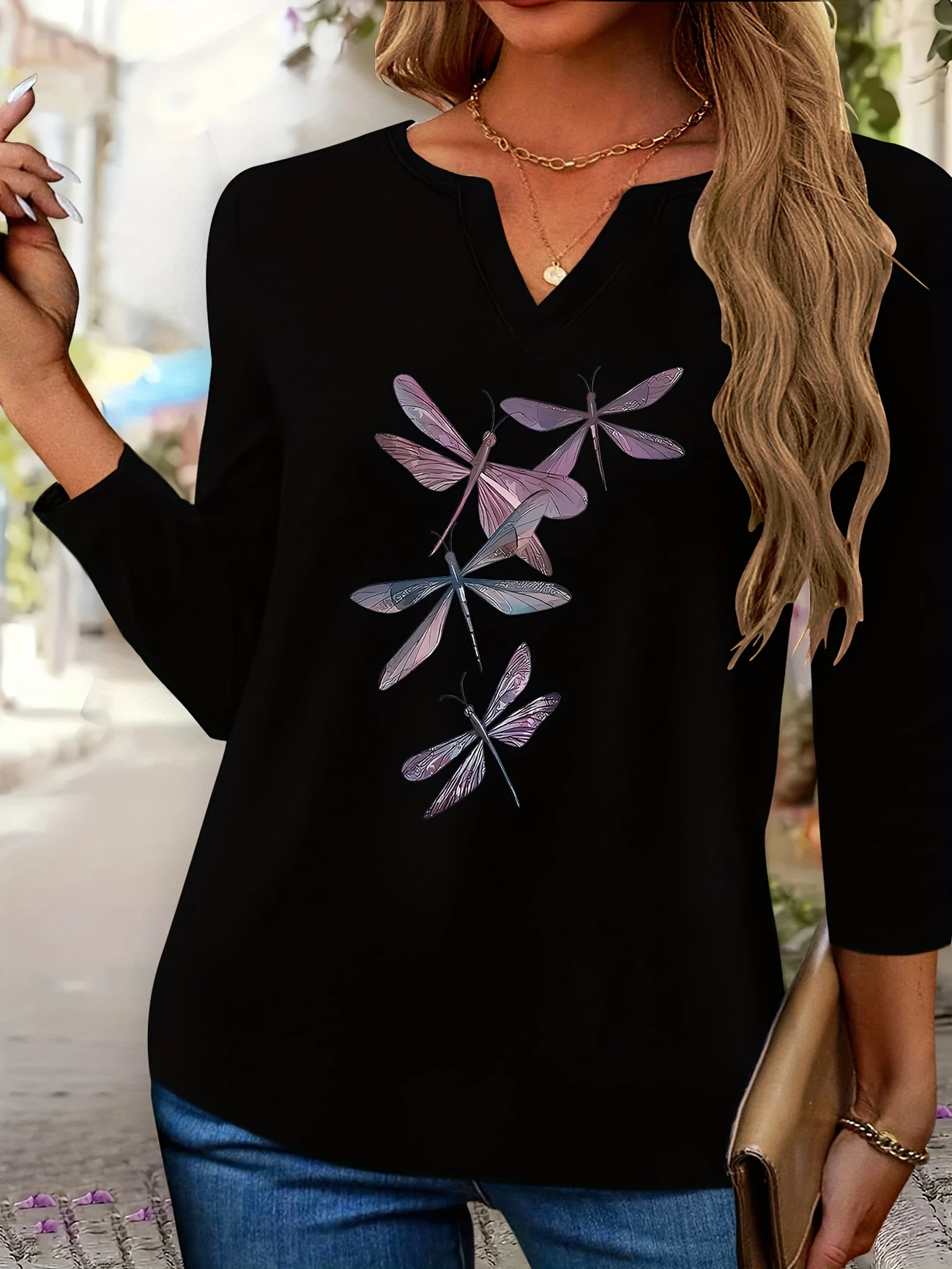 Print Casual V Neck Long Sleeve T-Shirt