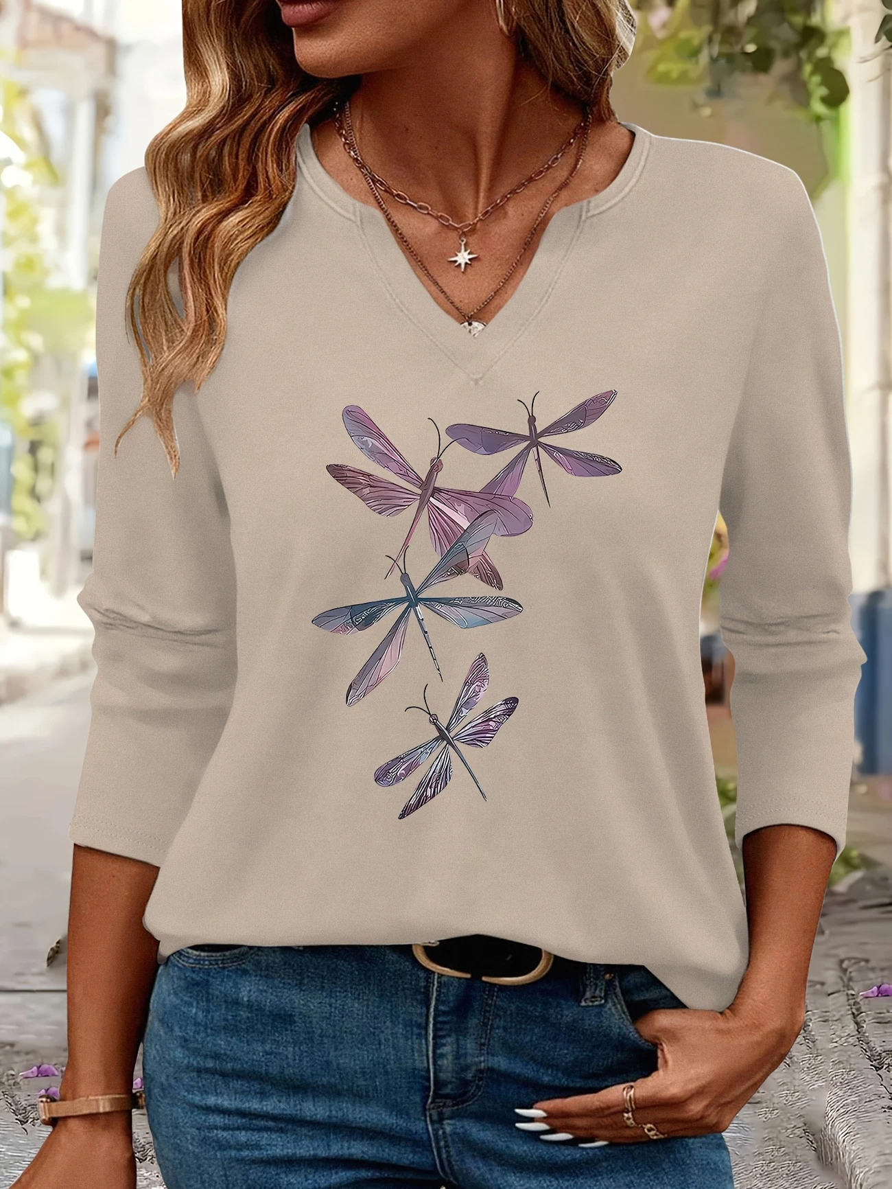 Print Casual V Neck Long Sleeve T-Shirt