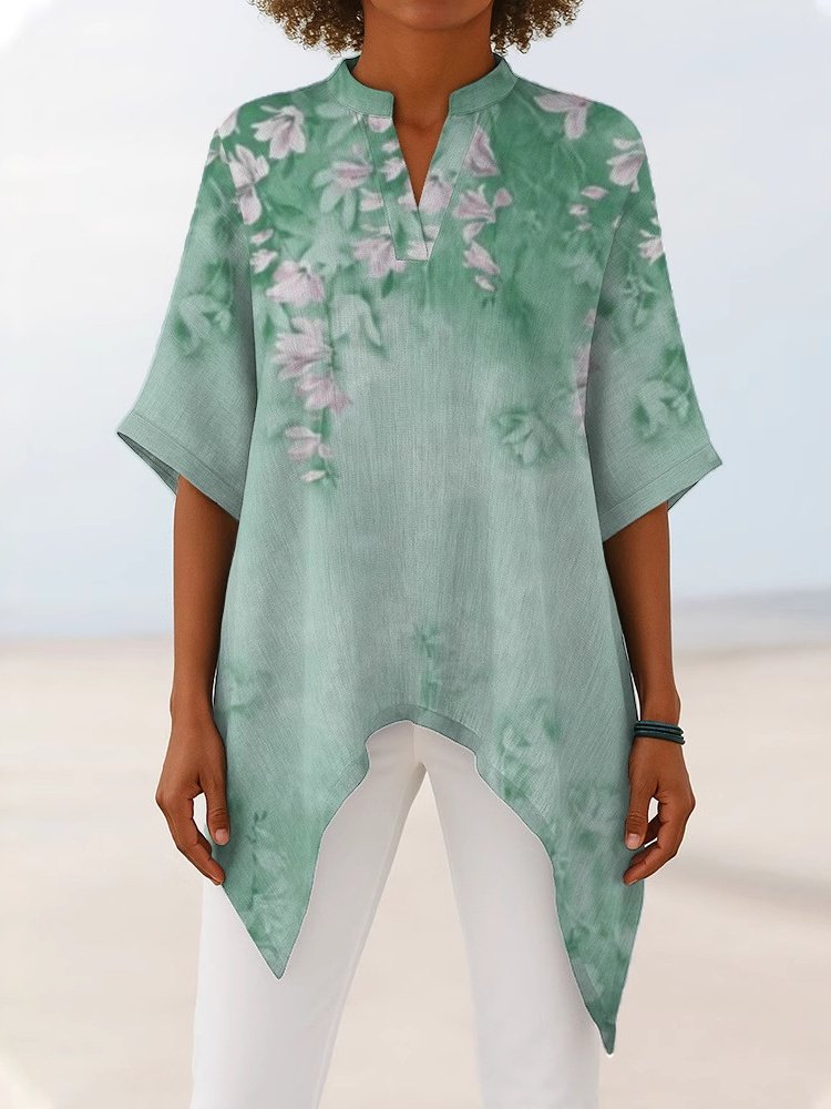 Women's Half Sleeve Shirt Summer Sky Blue Floral Split Joint V Neck Daily Going Out Casual Top