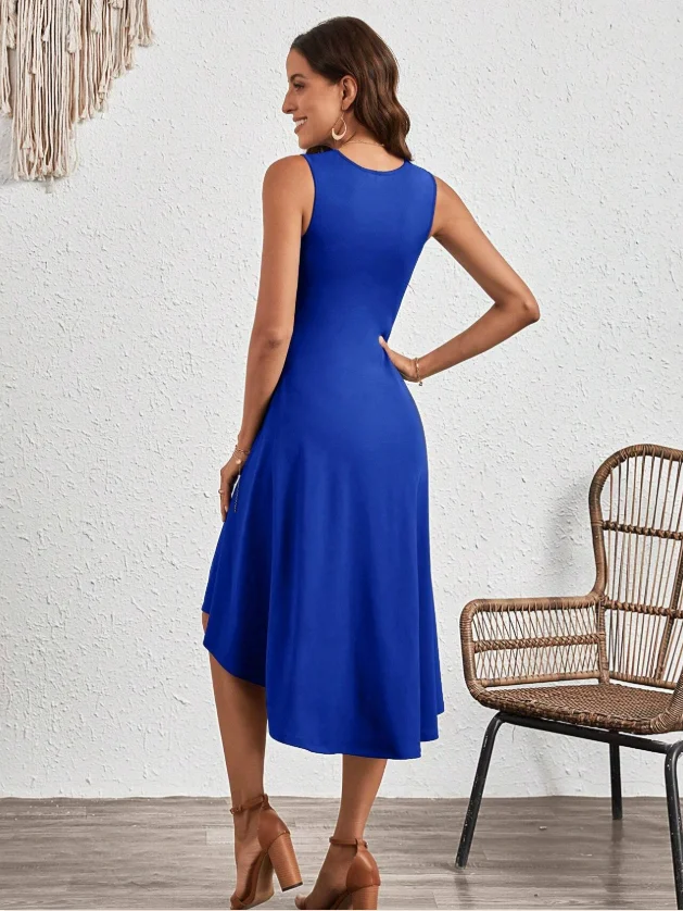 Women's Sleeveless Summer Red Plain Split Joint Crew Neck Daily Going Out Vintage Midi A-Line Tank Dress