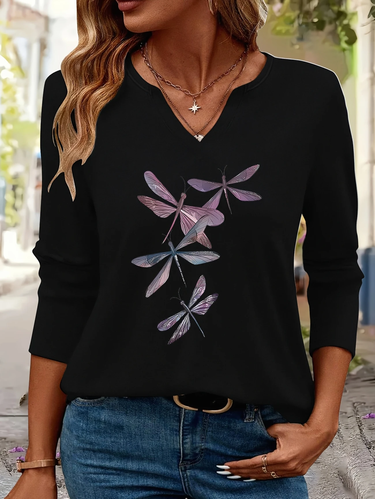 Print Casual V Neck Long Sleeve T-Shirt