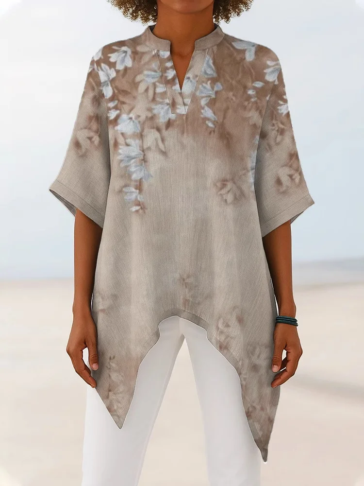 Women's Half Sleeve Shirt Summer Sky Blue Floral Split Joint V Neck Daily Going Out Casual Top