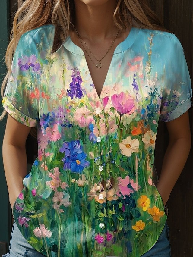 Women's V-Neck Button-Down Short-Sleeved Shirt