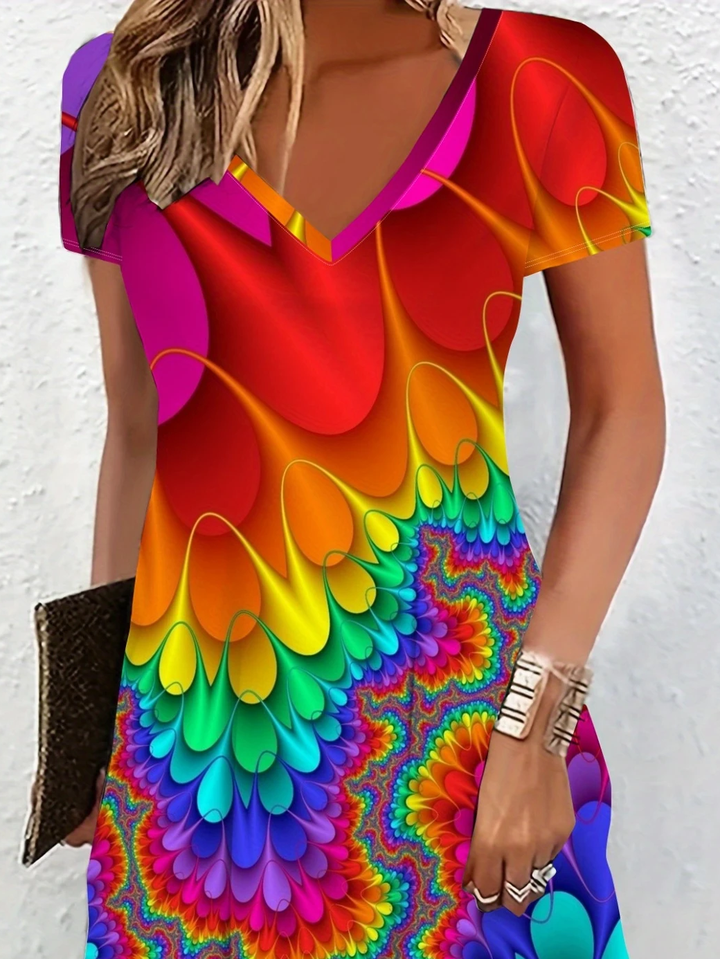 Women's Short Sleeve Summer As Picture Abstract V Neck Daily Going Out Casual Midi A-Line Fit & Flare Dress Dress