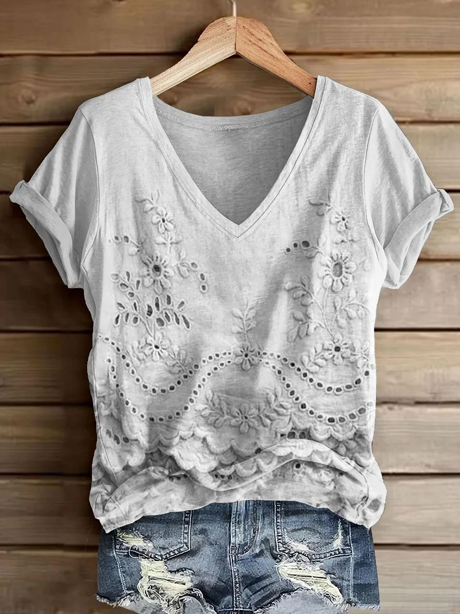 Women's Short Sleeve T-shirt Summer Pink Floral Printing V Neck Daily Going Out Casual Top