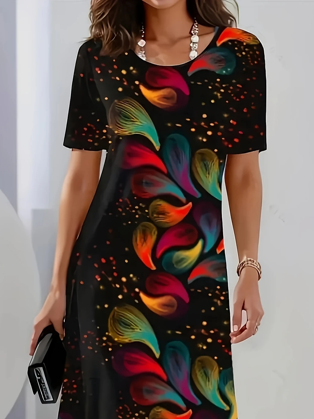Women's Short Sleeve Summer Black Abstract Printing Crew Neck Daily Going Out Vintage Midi H-Line Tunic Dress