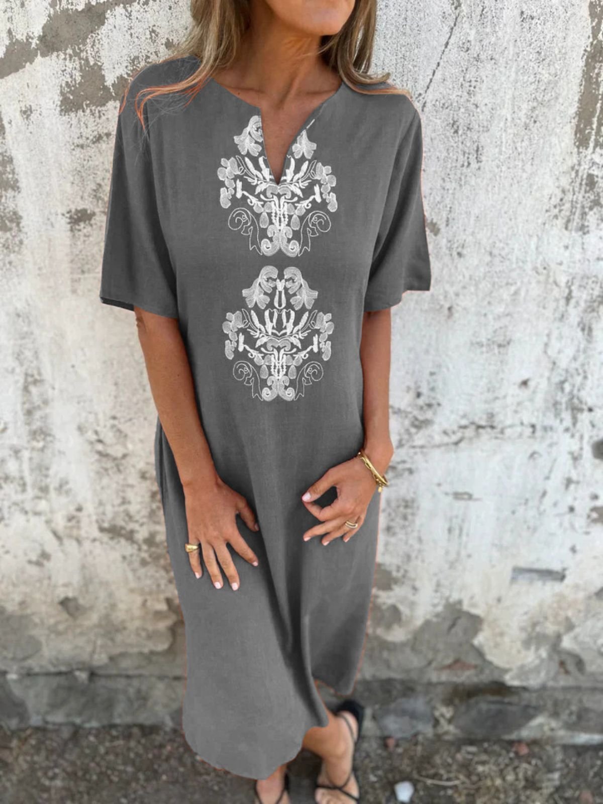 Vintage Notched Loose Dress With No