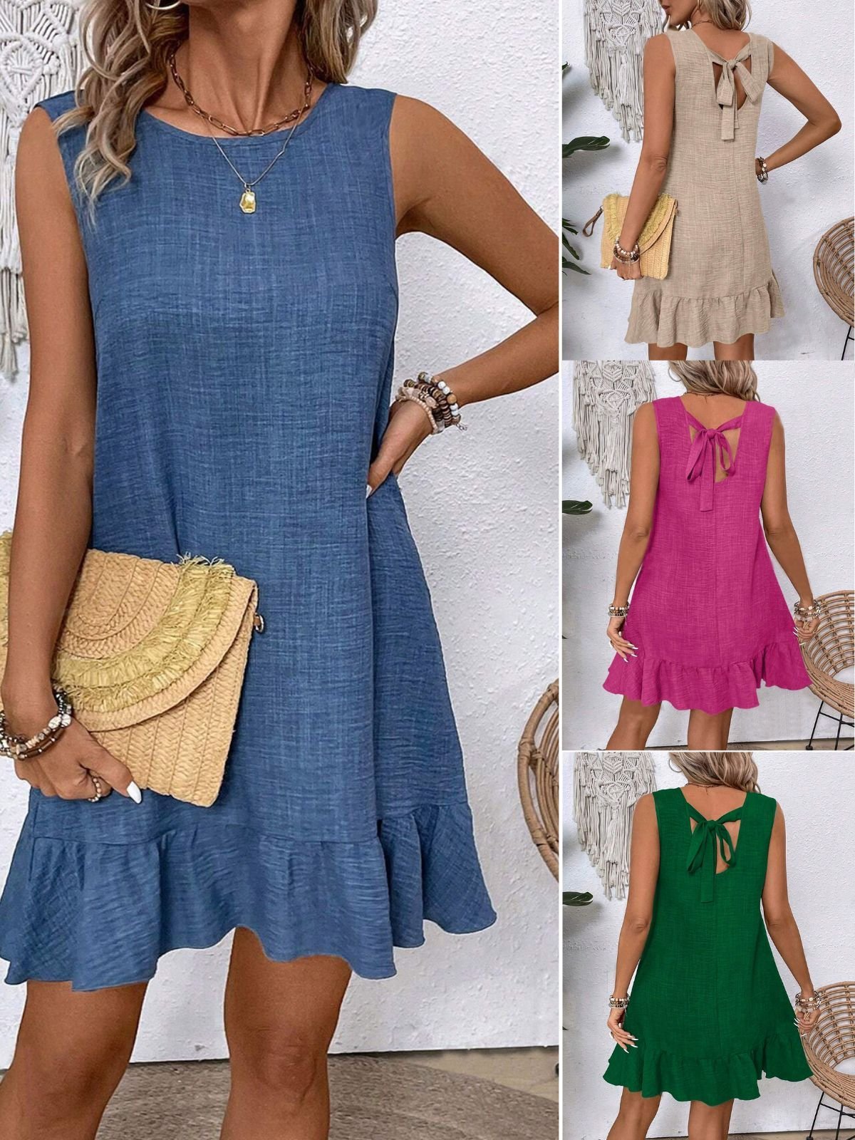 Cotton Plain Simple Crew Neck Dress With No