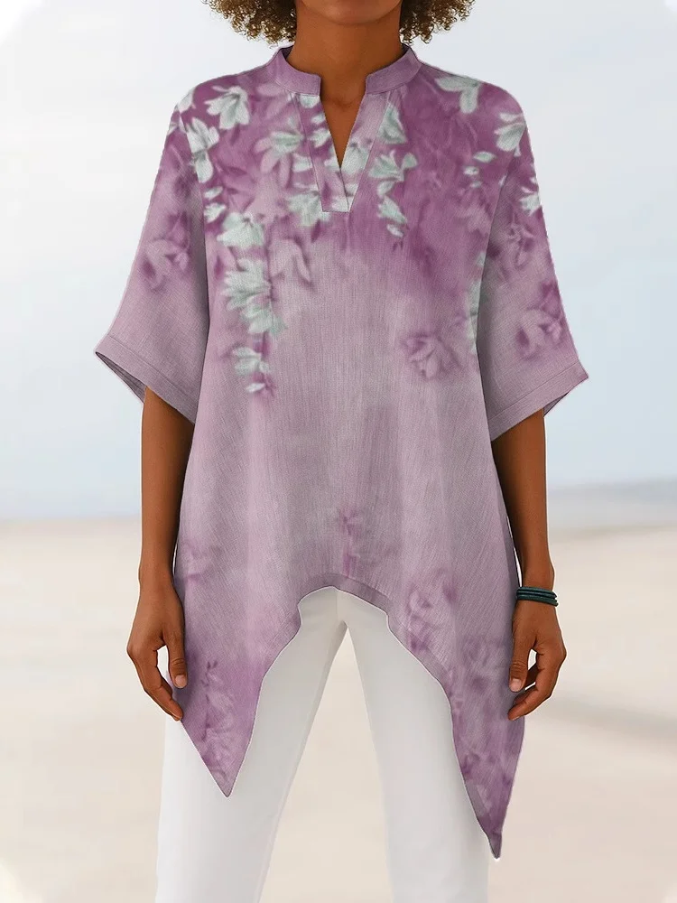 Women's Half Sleeve Shirt Summer Sky Blue Floral Split Joint V Neck Daily Going Out Casual Top