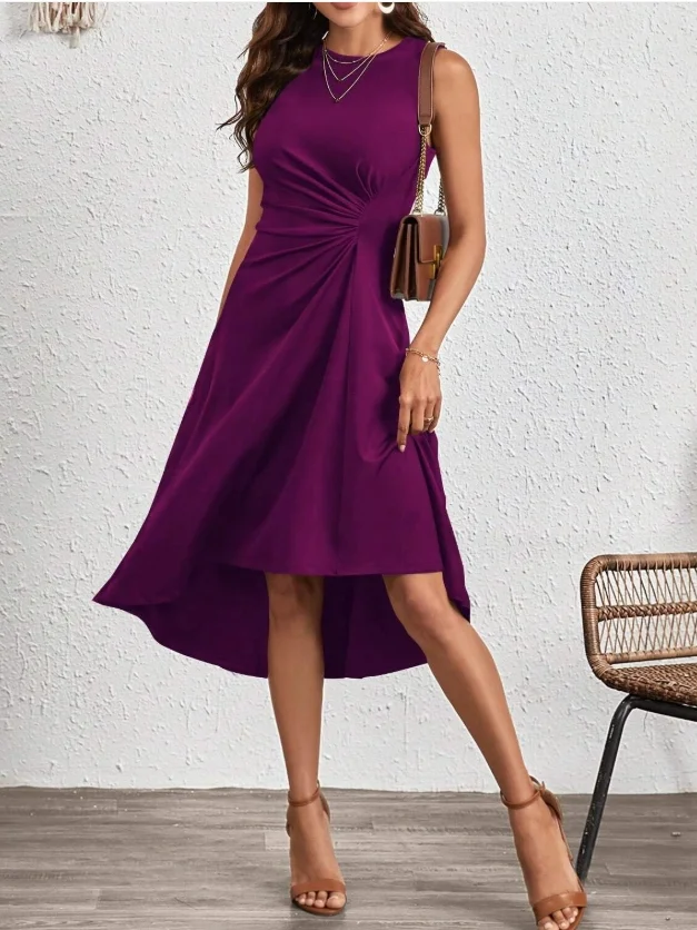 Women's Sleeveless Summer Red Plain Split Joint Crew Neck Daily Going Out Vintage Midi A-Line Tank Dress