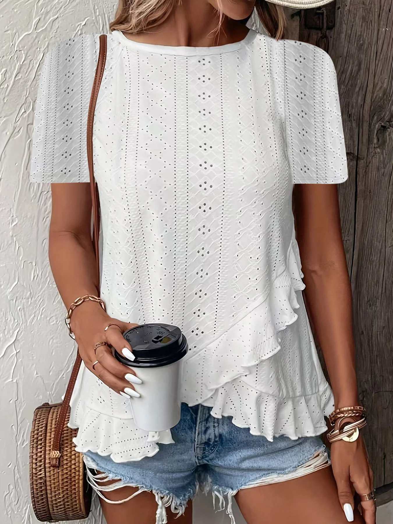 Women's Short Sleeve T-shirt Summer Sky Blue Plain Hollow Out Crew Neck Daily Going Out Casual Top
