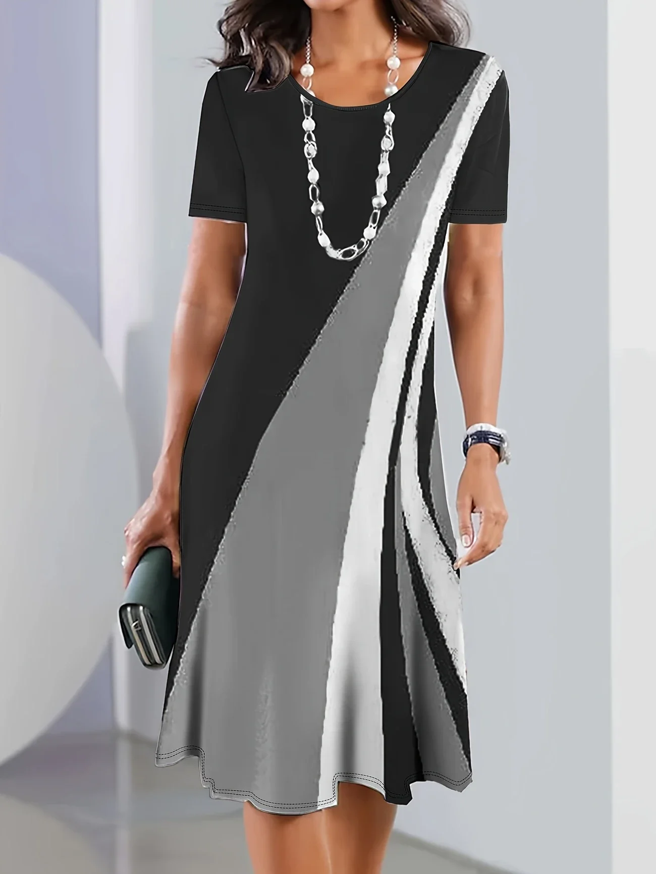 Women's Short Sleeve Summer Black Abstract Printing Crew Neck Daily Going Out Vintage Midi H-Line Tunic Dress
