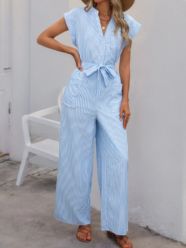 Women's H-Line Overall V Neck Daily Going Out Casual Lace-up Striped Summer Long Jumpsuit Romper