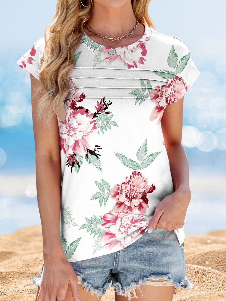 Women's Short Sleeve T-shirt Summer Black Floral Printing Crew Neck Daily Going Out Casual Top