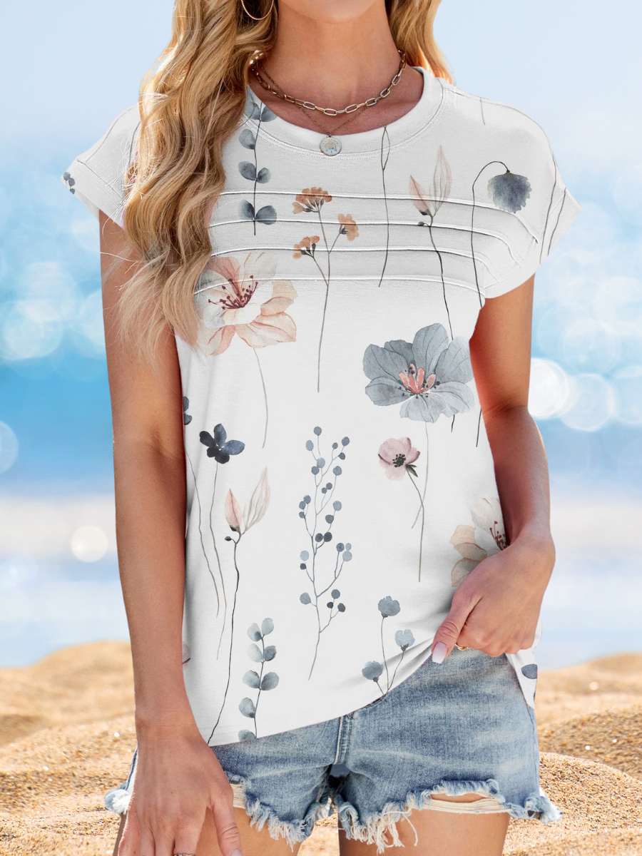 Women's Short Sleeve T-shirt Summer Black Floral Printing Crew Neck Daily Going Out Casual Top