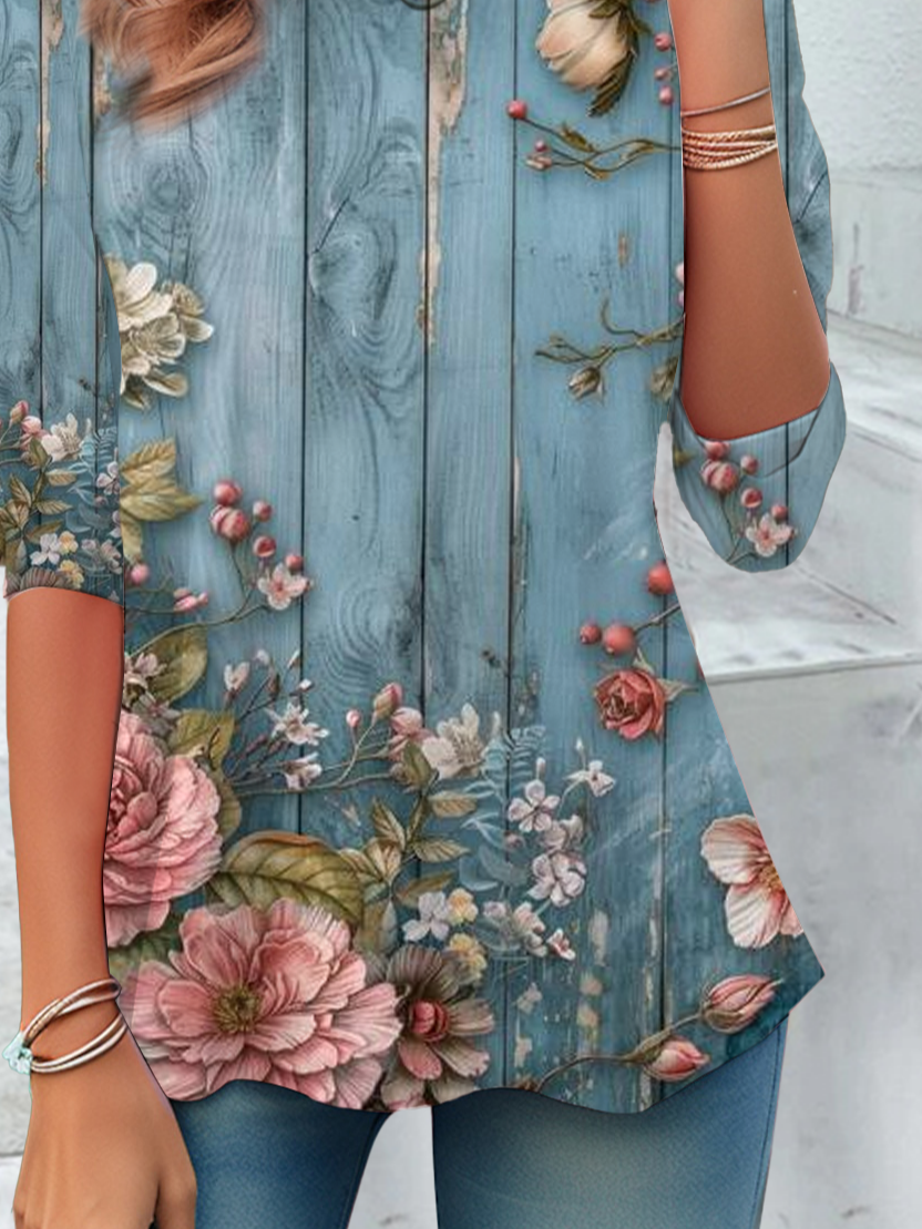 Women's Floral Print Casual Crew Neck Long Sleeve Tunic Waist Tee