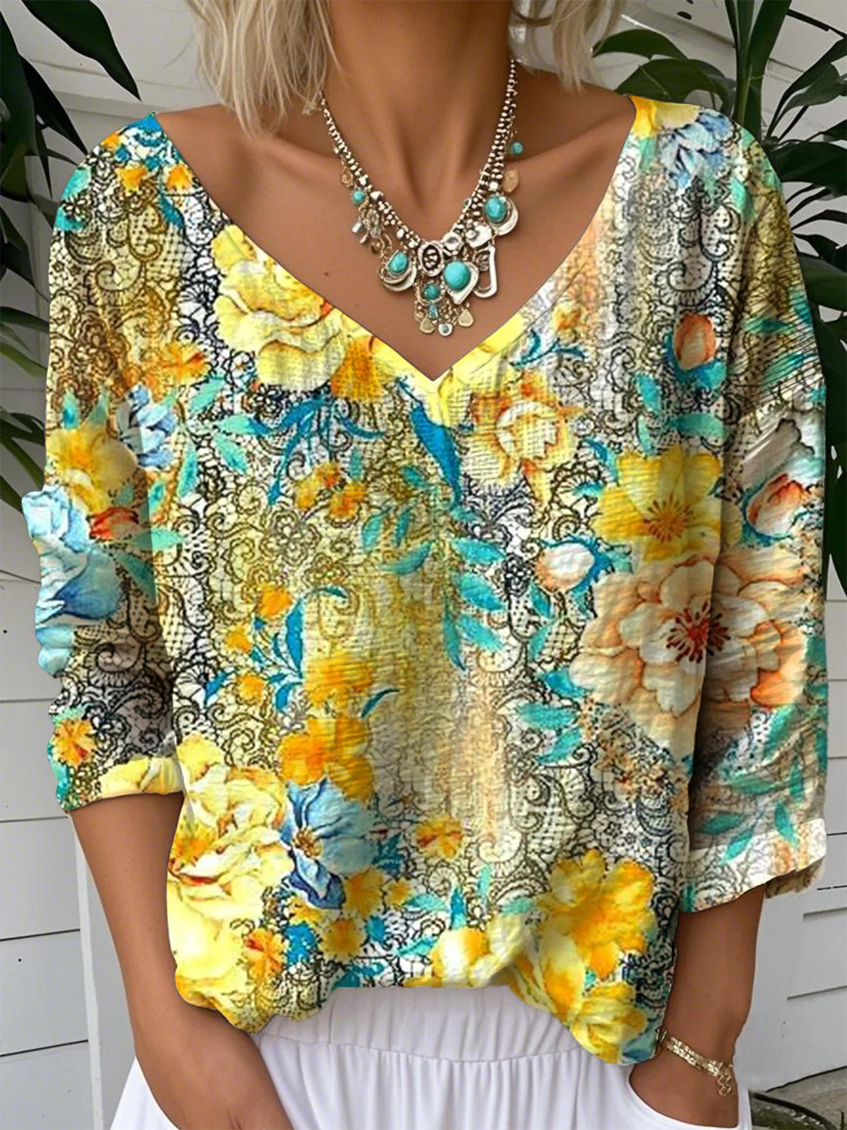 Print Casual V Neck Long Sleeve T-Shirt