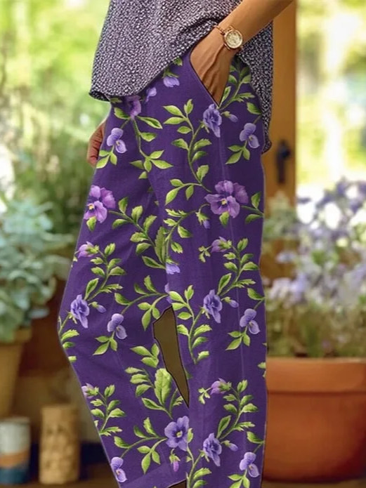 Women's  H-Line Baggy Pants Daily Going Out Pants Purple Casual Printing Floral Spring/Fall Pants