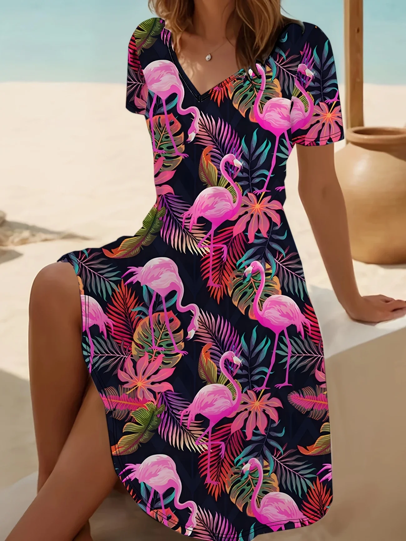 Women's Short Sleeve Summer Black Flamingo Printing V Neck Daily Going Out Casual Midi A-Line Fit & Flare Dress Dress