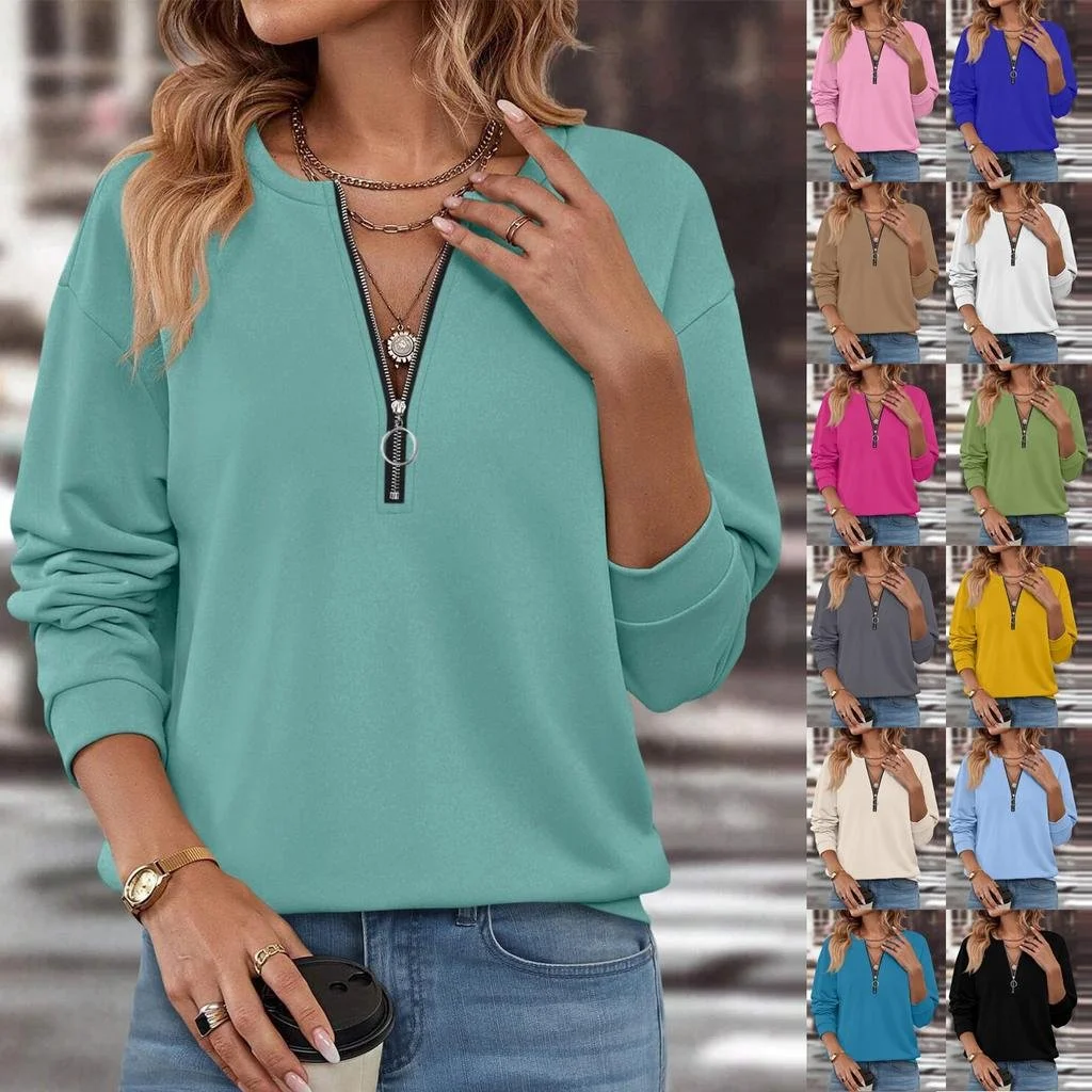 Women's Solid Color Long Sleeve Front Center Zipper Sweatshirt