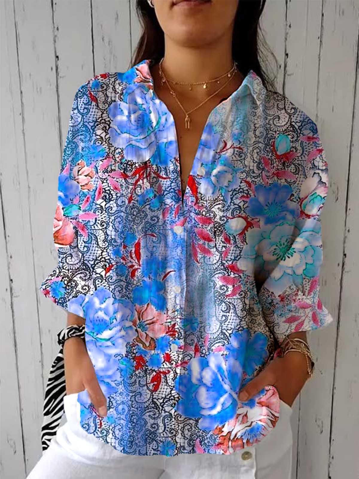 Women's Retro Printed Mid-Sleeve Shirt