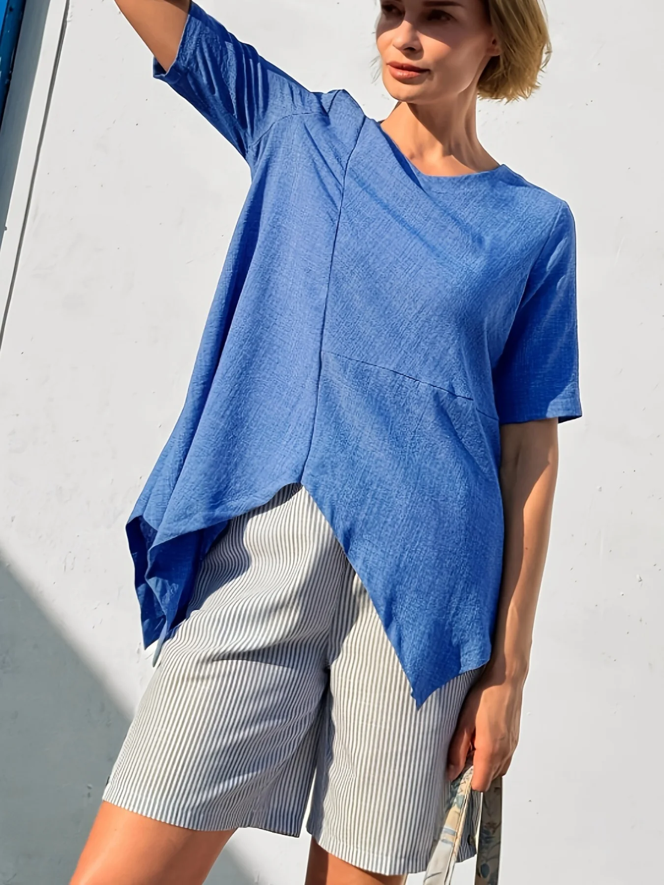 Women's Short Sleeve Shirt Summer Sky Blue Plain Split Joint Crew Neck Daily Going Out Casual Top