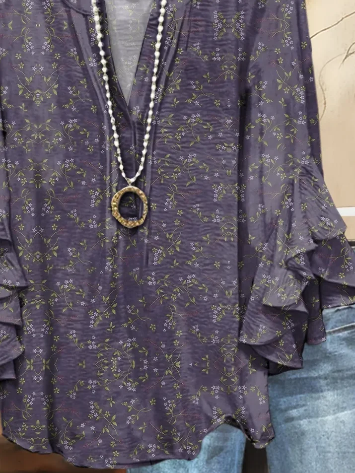 Women's Half Sleeve Shirt Summer Purple Floral Printing V Neck Daily Going Out Casual Top