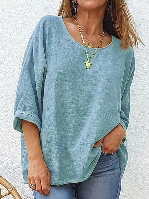 Women's Three Quarter Sleeve T-shirt Spring/Fall White Plain Crew Neck Daily Going Out Casual Top