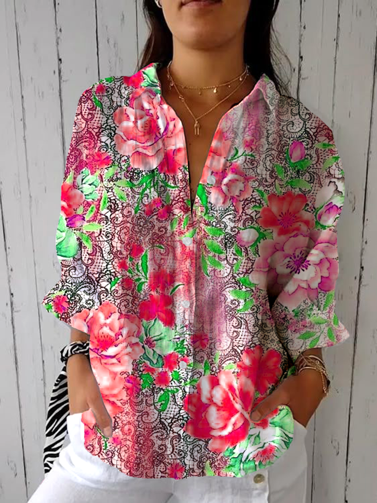 Women's Retro Printed Mid-Sleeve Shirt