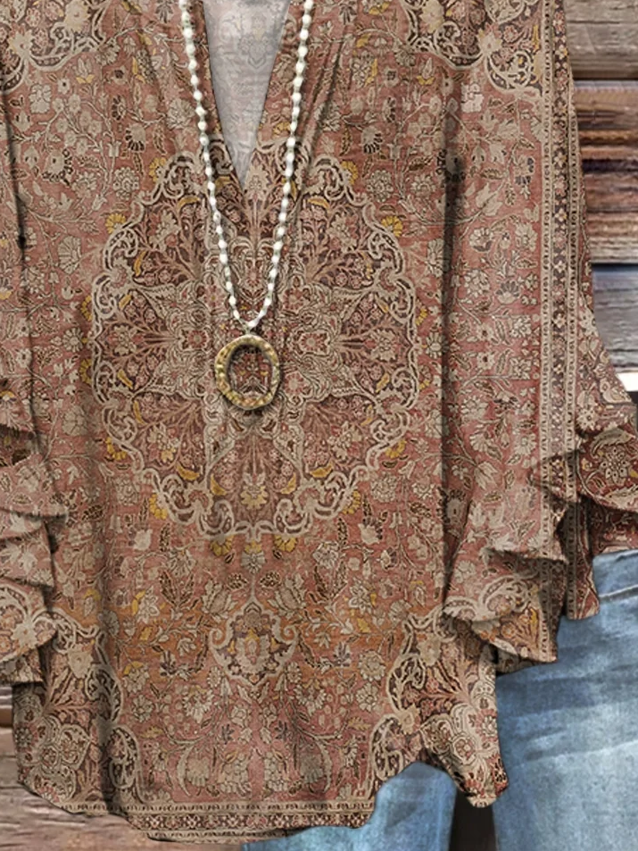 Women's Half Sleeve Shirt Summer Light Brown Floral Printing V Neck Daily Going Out Casual Top