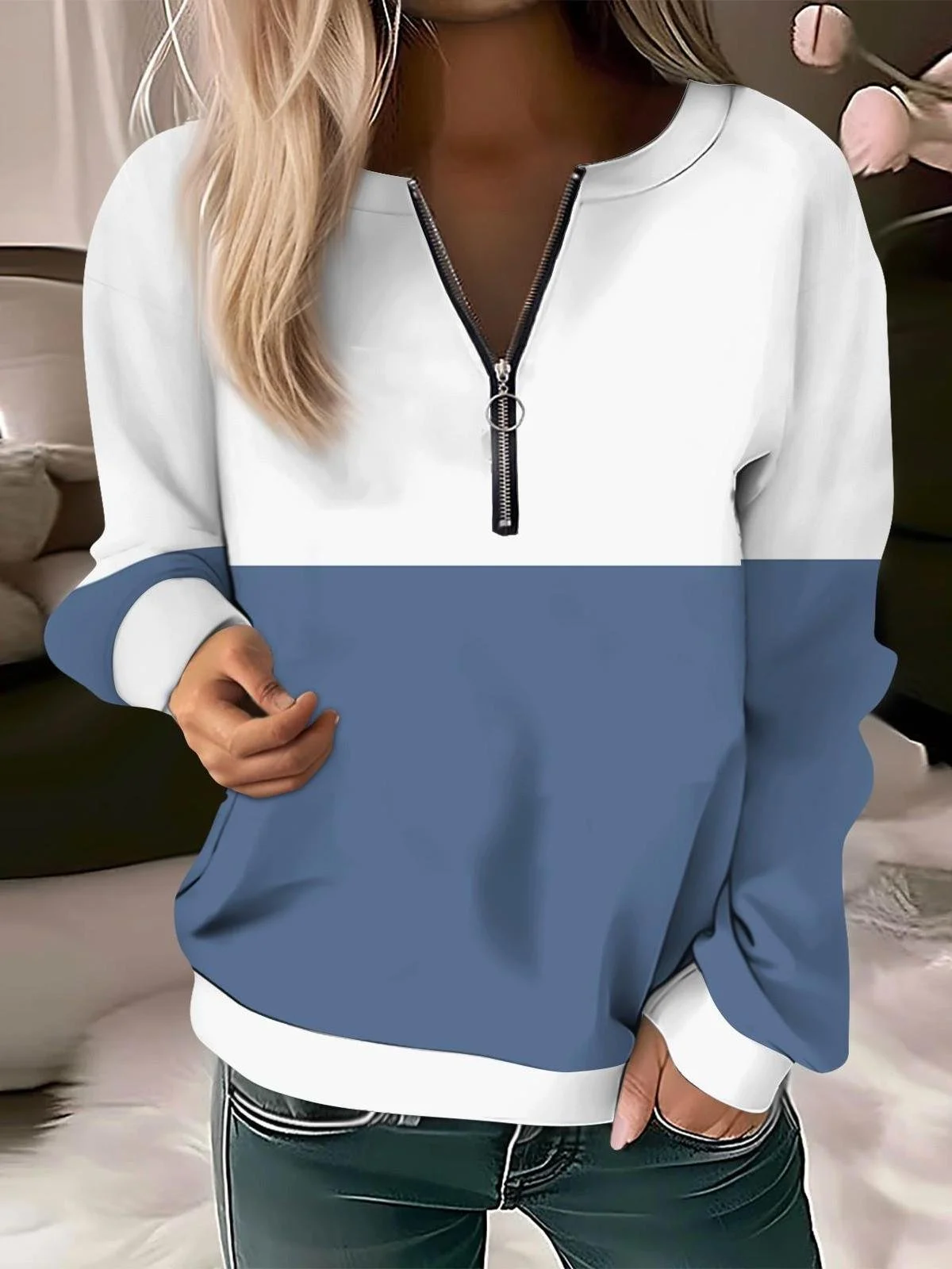 Women's Long Sleeve Front Center Zipper Sweatshirt