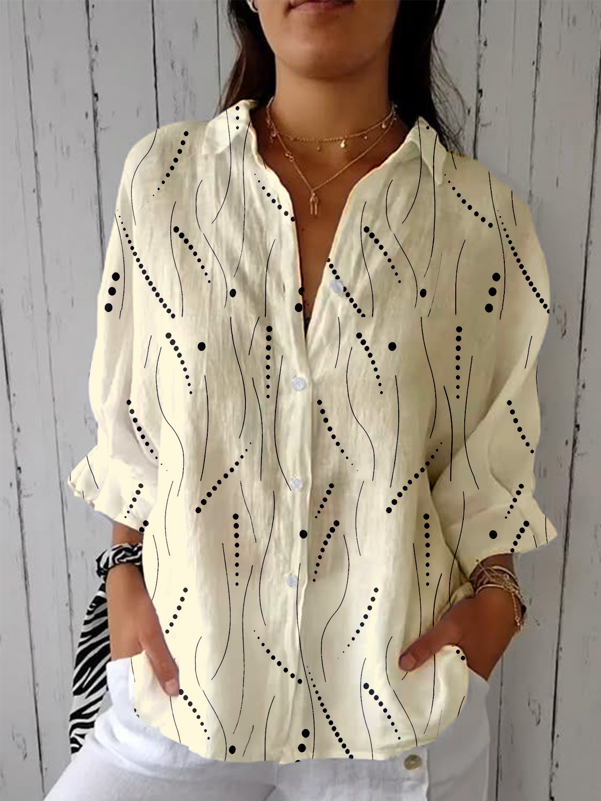 Women's Simple Abstract Polka Dot Striped Mid-Sleeve Shirt