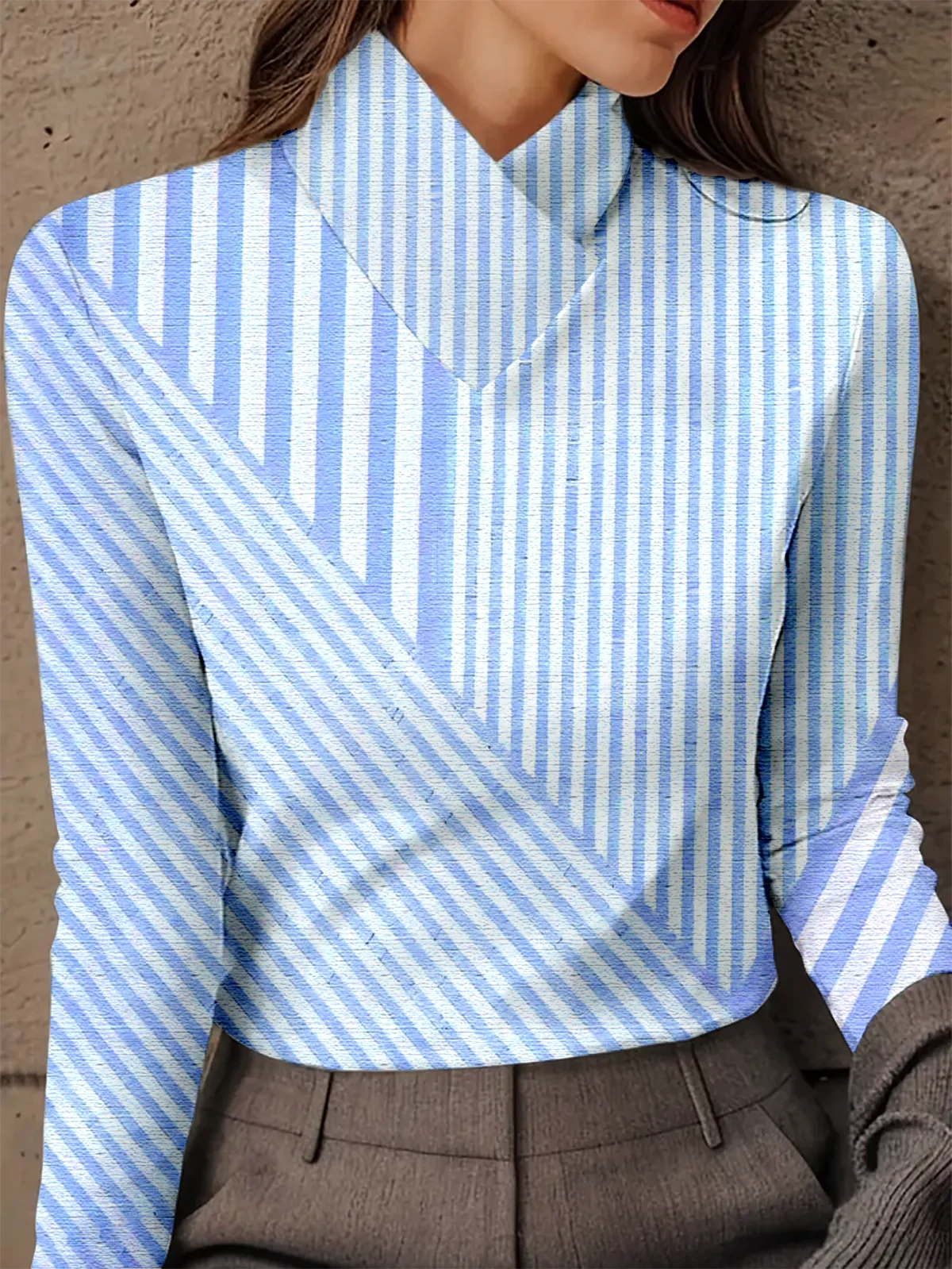Women's Long-Sleeved High-Neck Striped Patchwork Top