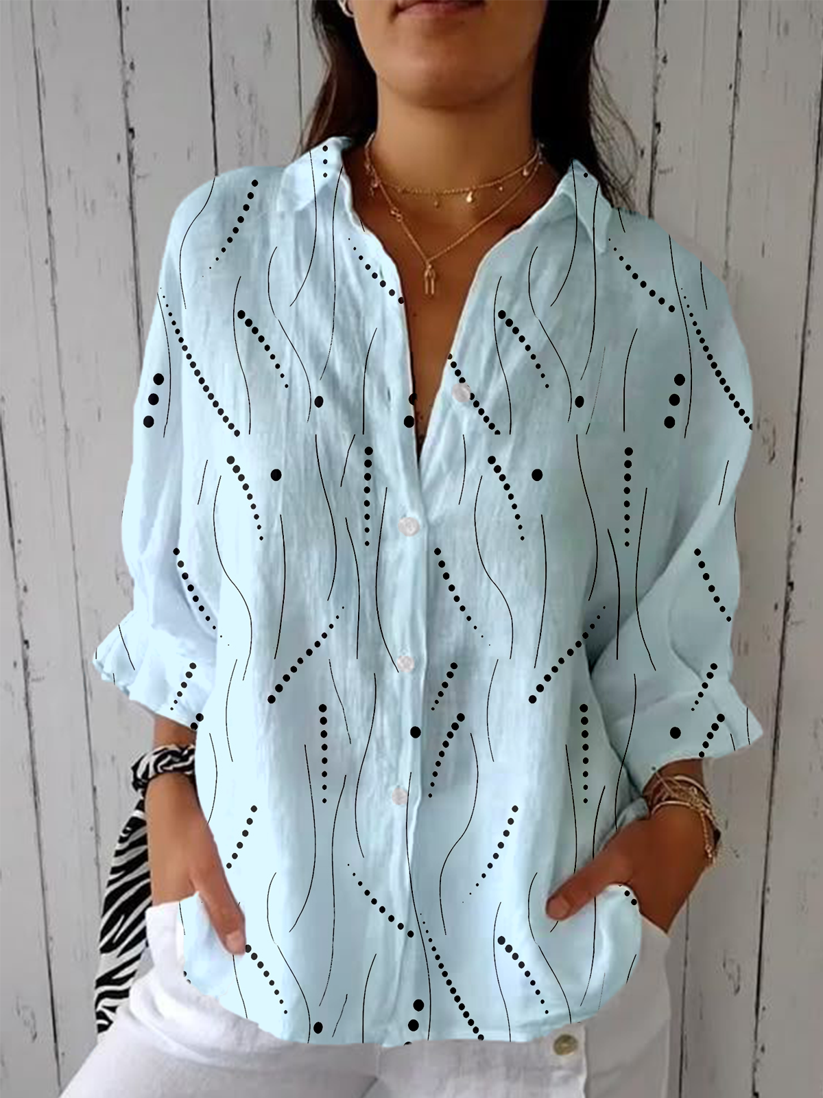 Women's Simple Abstract Polka Dot Striped Mid-Sleeve Shirt