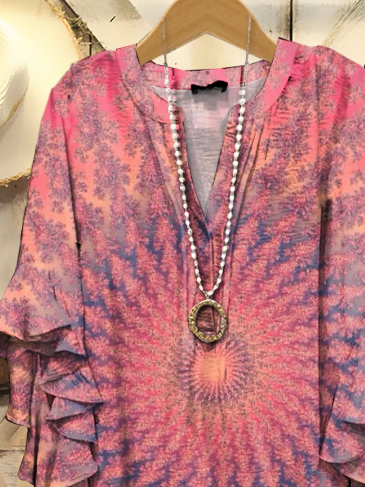 Women's Half Sleeve Shirt Summer Pink Tie-Dye Pattern Printing V Neck Daily Going Out Casual Top
