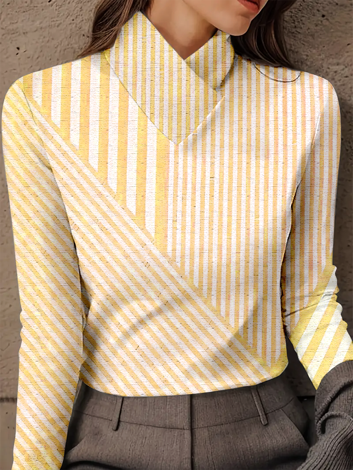 Women's Long-Sleeved High-Neck Striped Patchwork Top