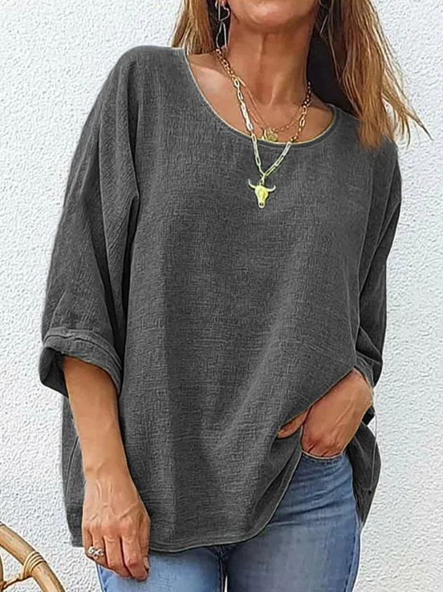 Women's Three Quarter Sleeve T-shirt Spring/Fall White Plain Crew Neck Daily Going Out Casual Top