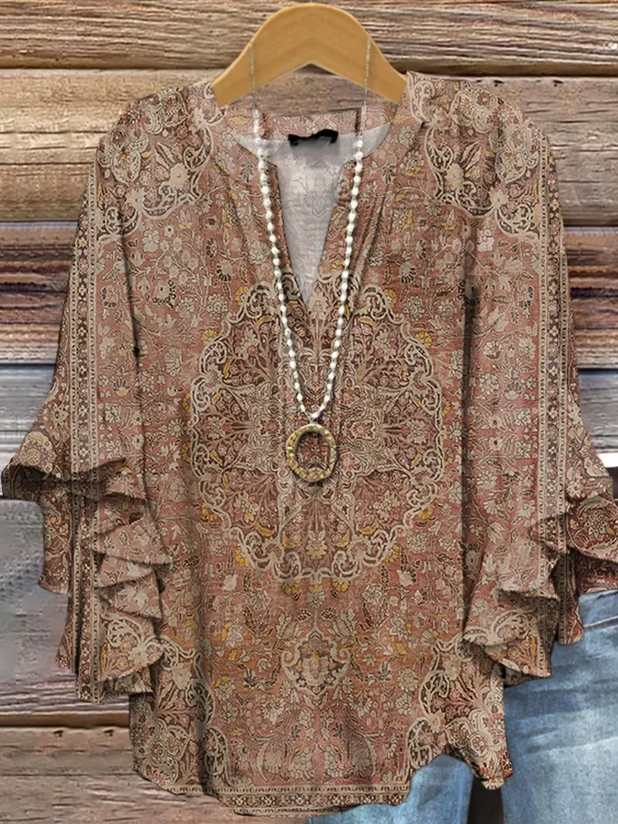 Women's Half Sleeve Shirt Summer Light Brown Floral Printing V Neck Daily Going Out Casual Top